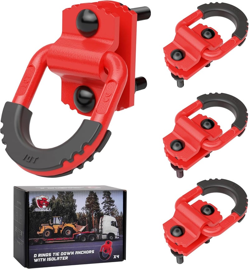 AMBULL D-Ring Tie Down Anchors with Rubber Isolators, 4 Pack Heavy Duty 10 Ton Capacity Carbon Steel, Bolt-On with Mounting Hardware, Zinc & Powder Coated for Trailer, Truck, Pickup, Garage-Red - Image 1